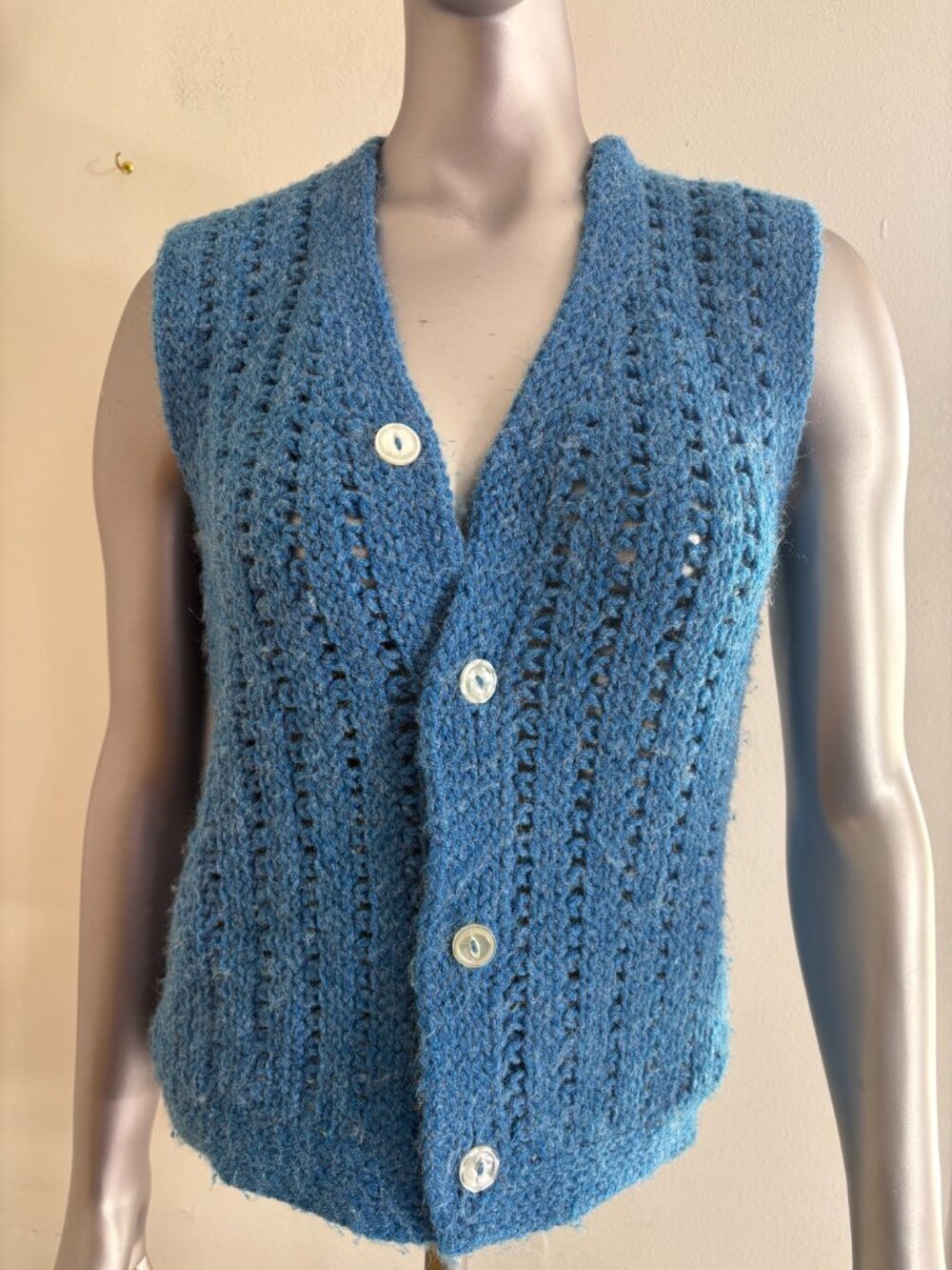Vintage Hand Knit Blue Open Stitch Button Front Vest Sweater M L Unknown Fiber